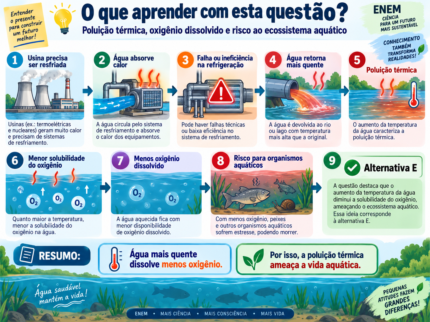 Resolução comentada da questão 107 de Biologia do ENEM 2025 sobre poluição térmica em ecossistemas aquáticos, com explicação passo a passo e análise das alternativas.