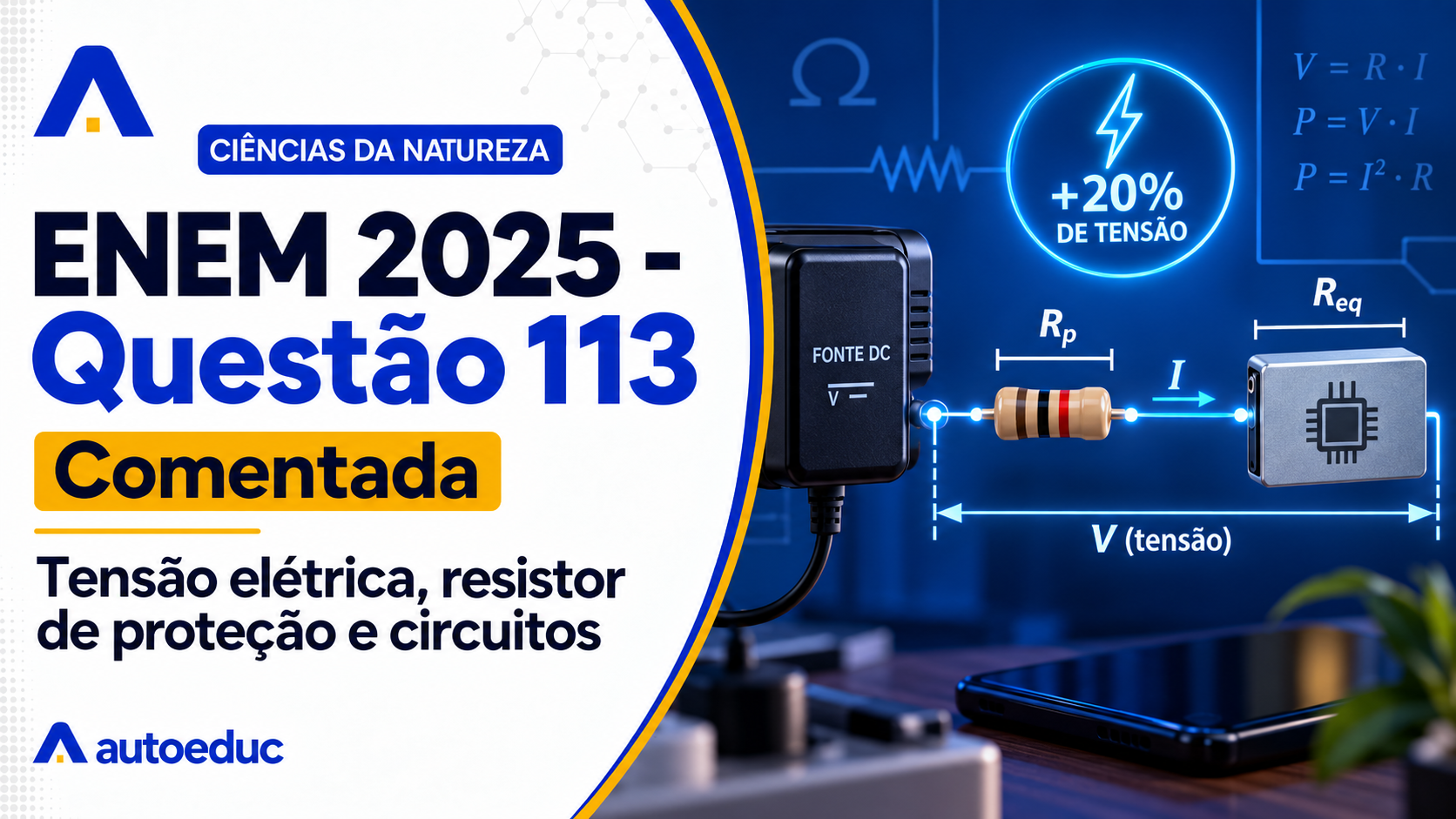 Resolução comentada da questão 113 de Física do ENEM 2025 sobre circuitos elétricos e associação de resistores, com explicação passo a passo e análise das alternativas.