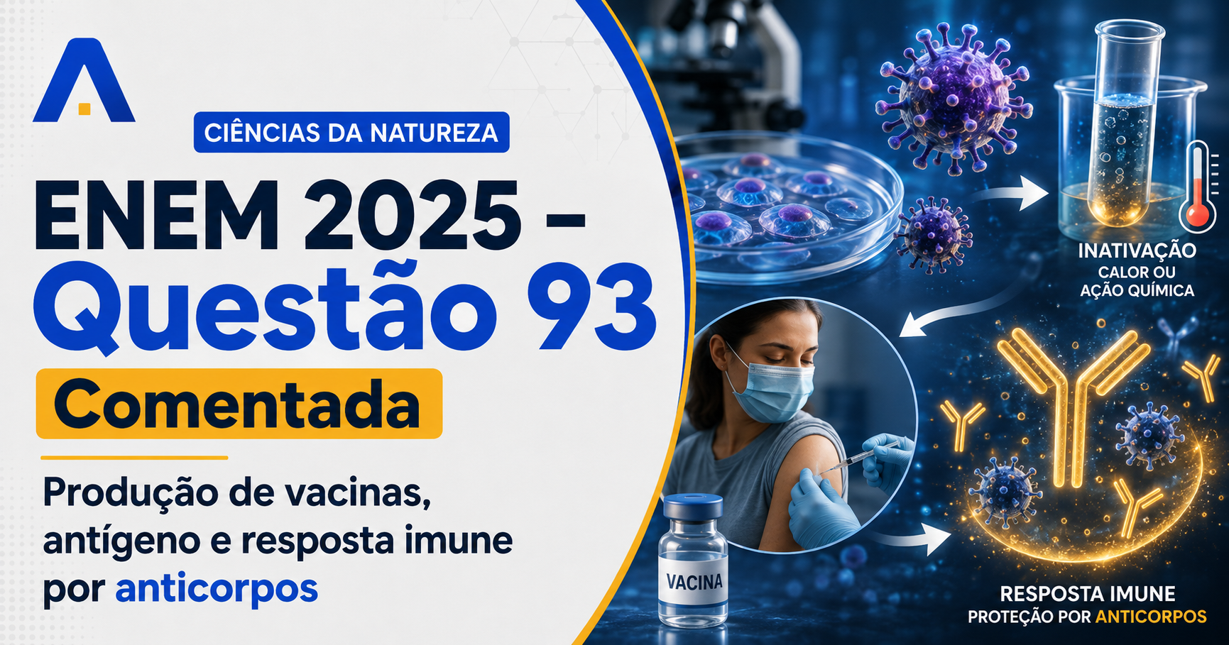 Resolução comentada da questão 93 de Biologia do ENEM 2025 sobre imunização e vacinas, com explicação passo a passo e análise das alternativas.