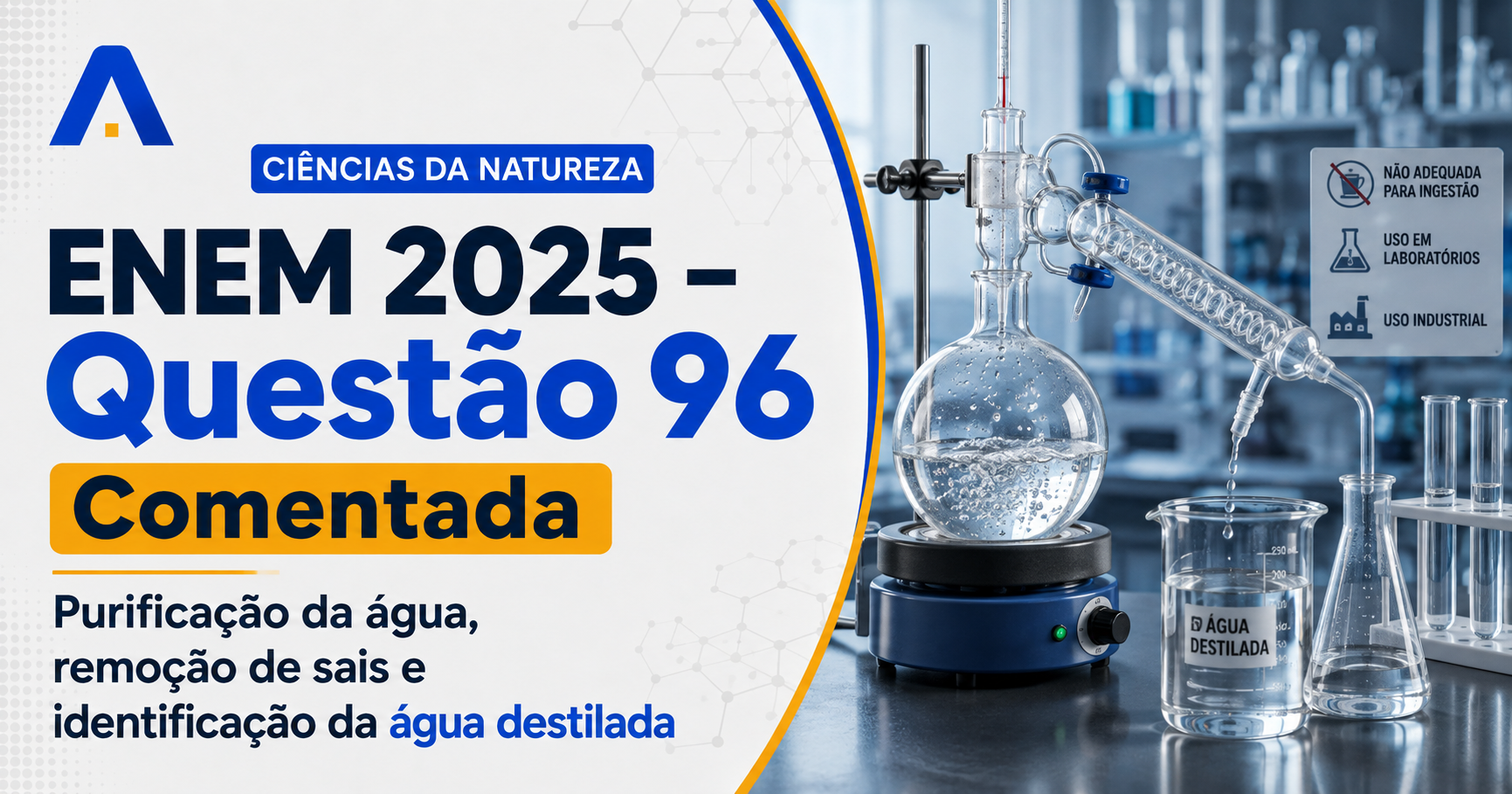 Resolução comentada da questão 96 de Química do ENEM 2025 sobre separação de misturas e purificação da água, com explicação passo a passo e análise das alternativas.